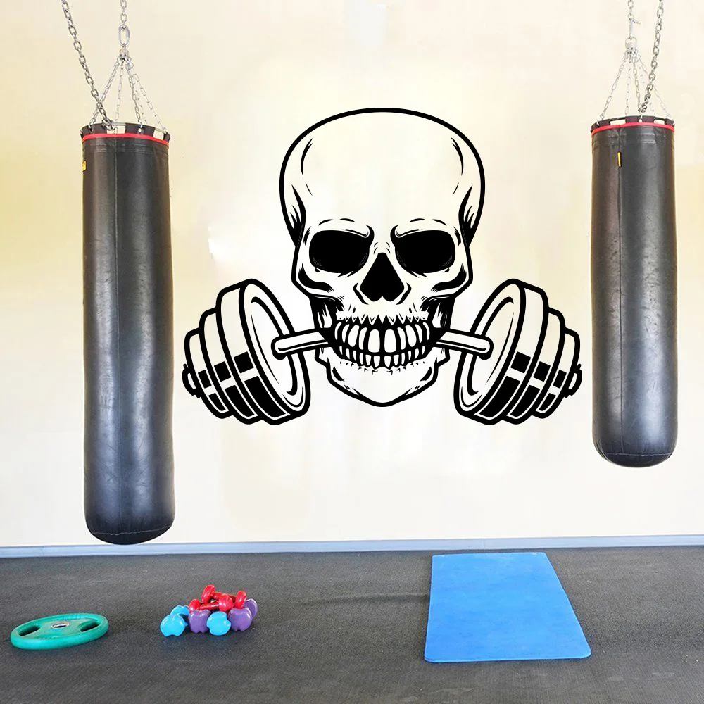 Large Skeleton Barbell Fitness Wall Sticker Gym Workout Skull Barbell Crossfit Sport Wall Decal Exercise Vinyl Decor (1)