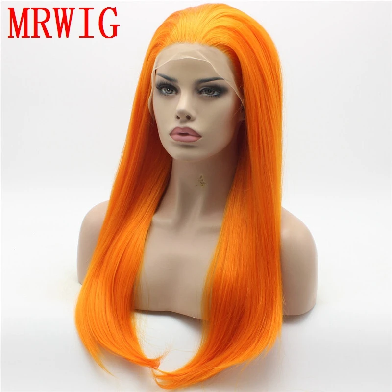 MRWIG  18in free part long straight glueless front lace wig cosplay heat resistant 150%density