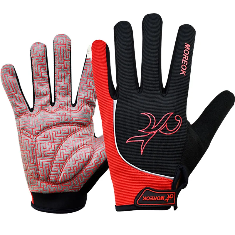 Зимние перчатки для велоспорта, полный палец, сенсорный экран, велосипедные перчатки, длинные перчатки для мужчин и женщин, перчатки для горной дороги - Цвет: A Red