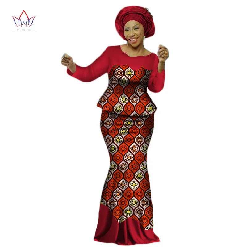 Africa Style Bazin Riche Dresses for Women Two Pieces Set Women Long Sleeve Tops and Long African Print Skirt Plus Size WY2454