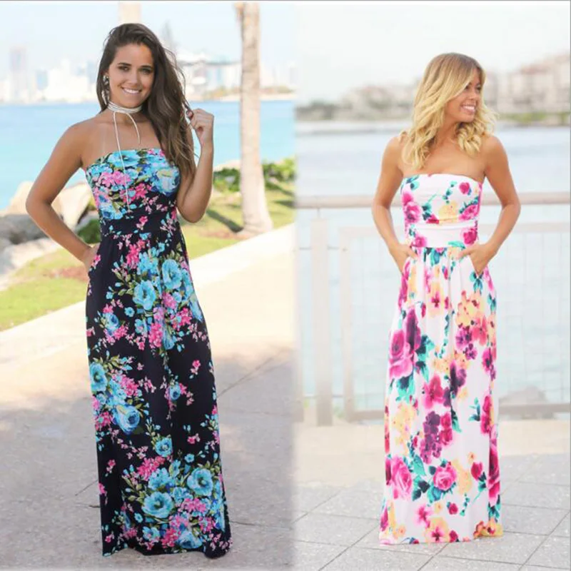 

Sexy women dress strapless sleeveless summer long dress 2018 new beach floral print beach women maxi dress Vestidos Beachw