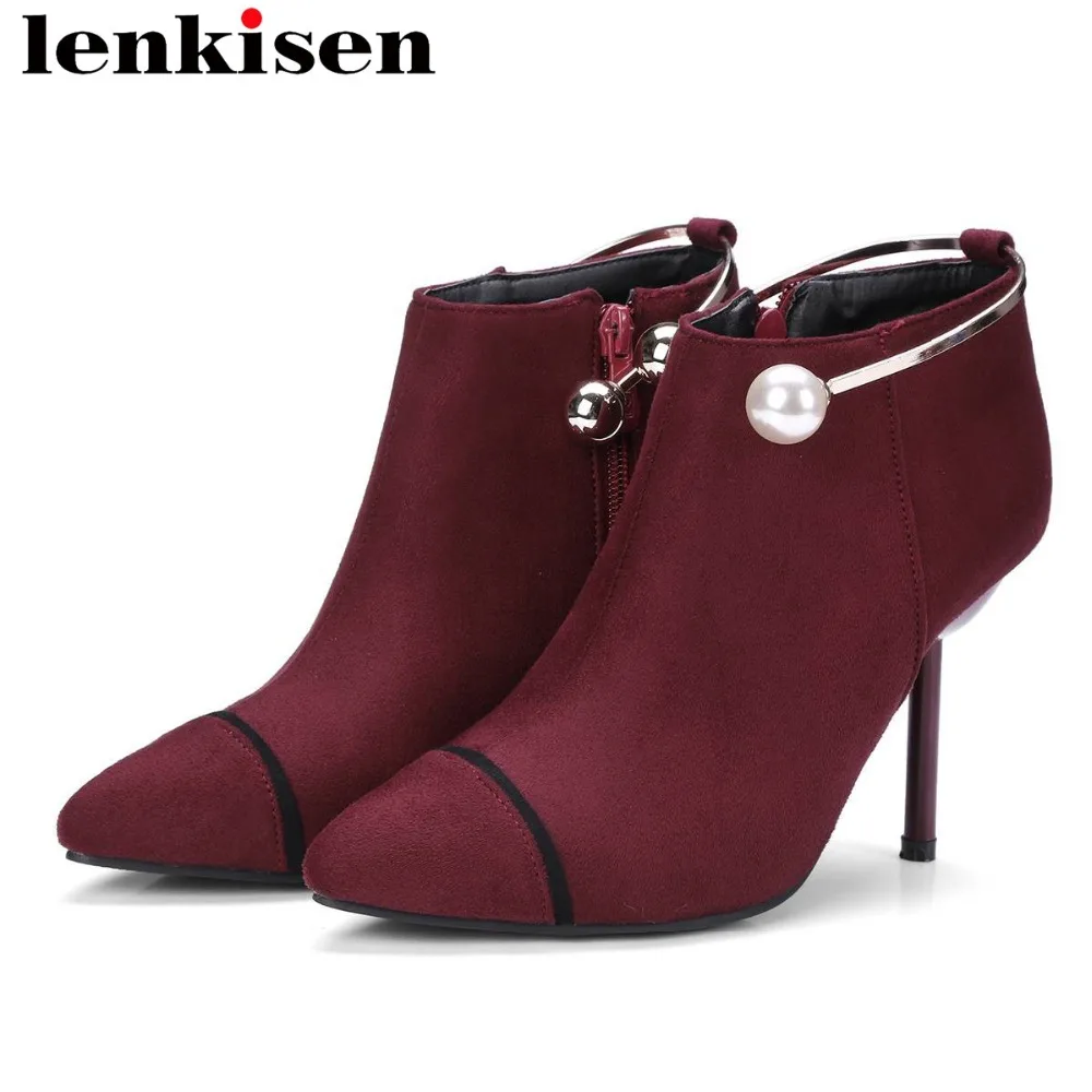 

Lenkisen 2018 elegant lady runway sexy plus size super high thin stiletto heels zip metal pearl flock european short boots L71