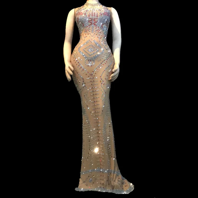 

Nightclub Female Singer Rhinestones Dance Costume Glisten Stones Stretch Long Dress Birthday Prom Celebrate Outfit Diamond Dress