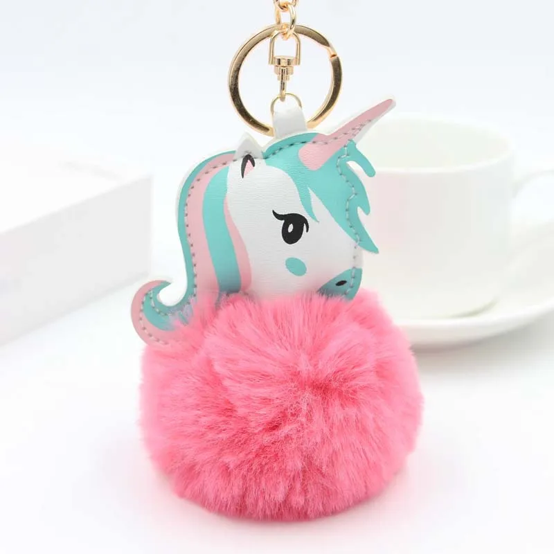 Pompom Unicorn Keychain Rabbit Fur Ball Horse Key chain porte clef Bag Car Keyring llavero mujer chaveiros For Women