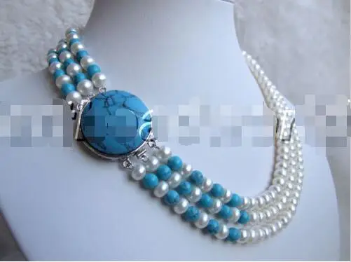 

FREE SHIPPING HOT sell new Style >>>> 3 strands white color near round Natural freshwater pearl and turquoise necklace