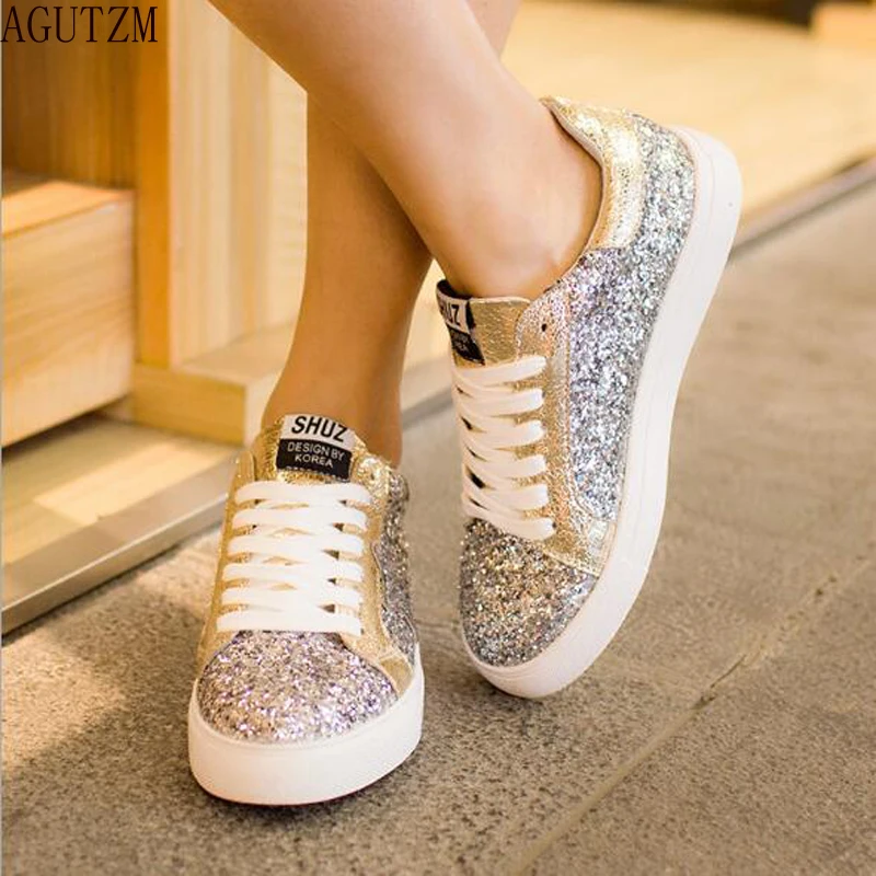 

sequined women's shoes Korean sports casual shoes thick bottom plate shoes breathable running white shoes V448