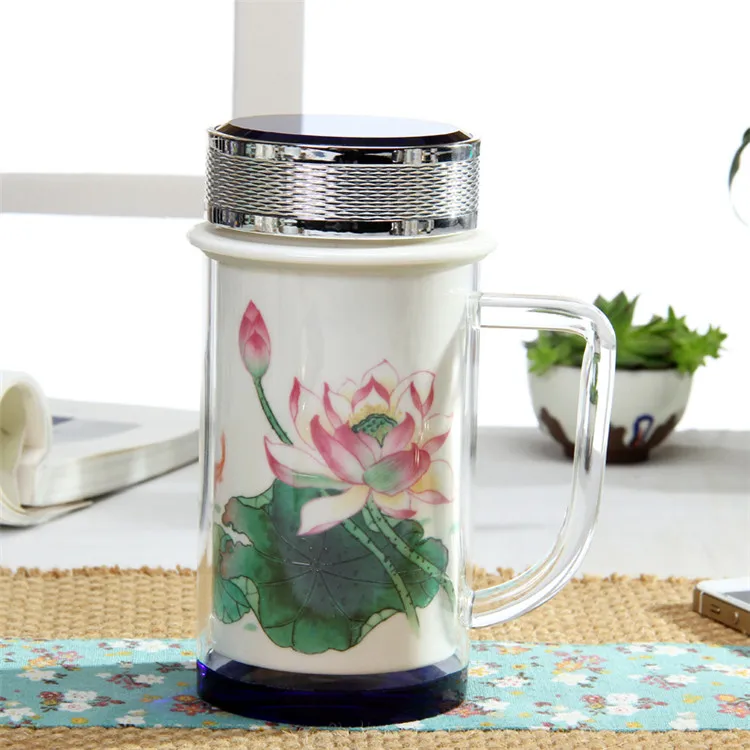 Традиционный китайский стеклянный фарфоровый термос, ретро керамический термос, Классическая Термокружка, вакуумная колба, Офисная чашка, чайная чашка - Цвет: Pink Lotus
