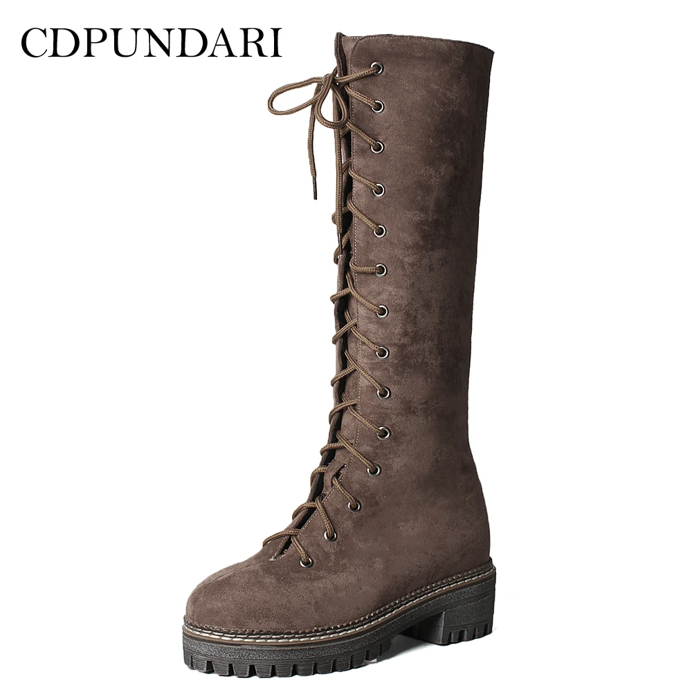 

CDPUNDARI Flock Motorcycle boots women Winter boots shoes Ladies Calf Platform boots