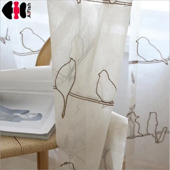 

Bird Tulle curtains Embroidered Tulle designer curtains Faux Linen Sheer Tulle for the living room Ready Made WP402A
