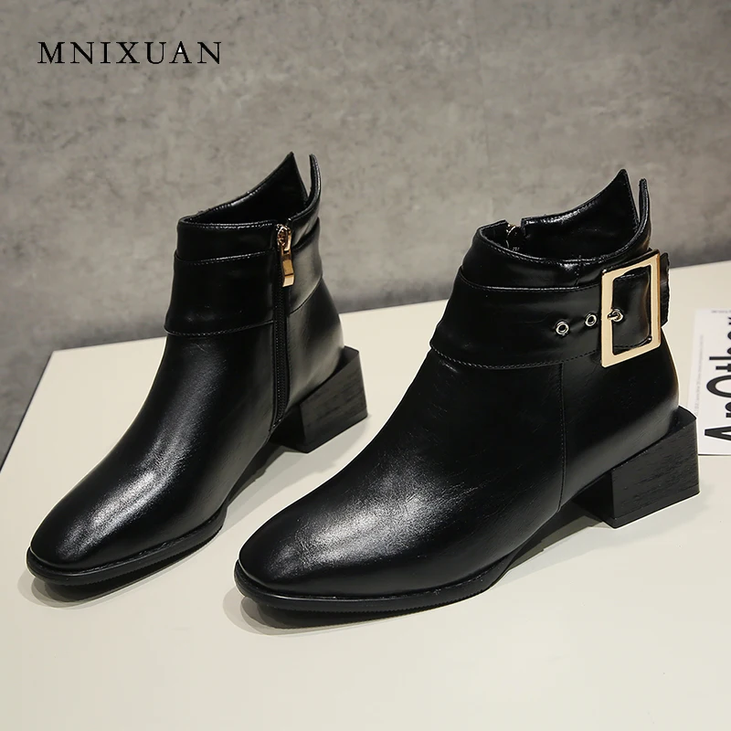 

MNIXUAN Special offer women shoes winter boots solid 4cm height medium heels zipper ankle boots motorcycle short boots big size9