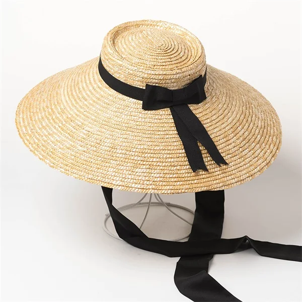 3pcs Vintage Women Large Beach Hat Retro Black Bowknot Wide Brim Wheat