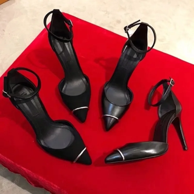 

2018 summer Europe and the United States new rhinestone pointed high heels lace hollow high heel leather shoes large size shoes