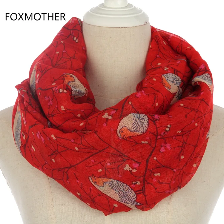 FOXMOTHER легкий мягкий модный бежевый серый Небесно-Голубой птица на дерево кольцо шарфы платки Петля Шарфы женские подарки - Цвет: Red