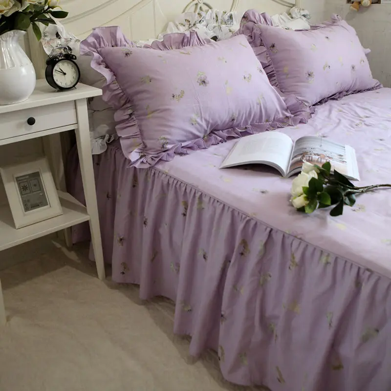 Комплект постельного белья с фиолетовым принтом, элегантный цветочный пододеяльник с оборками, качественная ткань, простыня, покрывало, постельное белье, домашний текстиль, распродажа