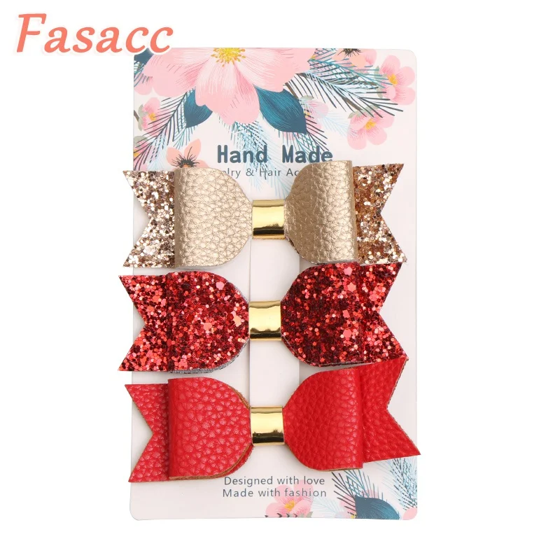 

3Pcs/Set Leather Glitter Hair Bow Clips For Girls Handmade Boutique Kids Christmas Hair Clip Children Hair Accessories A41