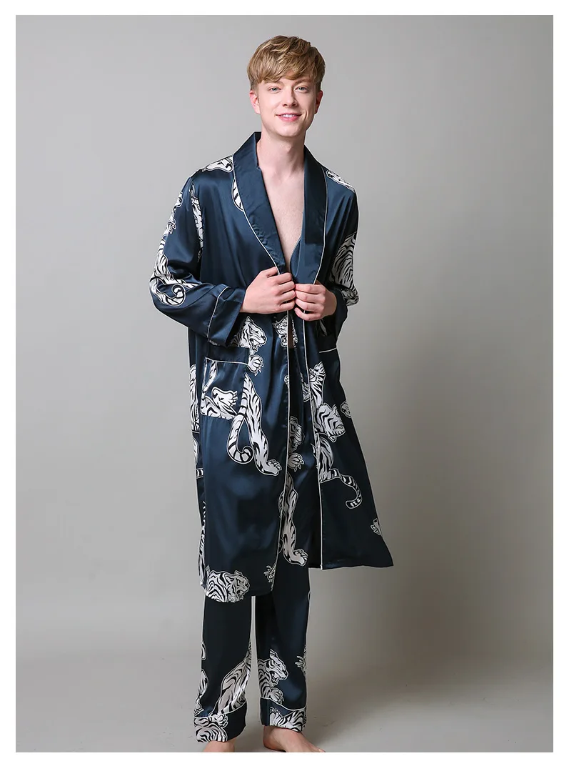 Two-Pieces Silk Nightgown Satin male Sleepwear Loose Tiger Dress Silky Long Sleeve Robe and Long Pants bathrobe set for Men