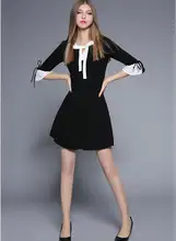 2017 New Women Sweet style dress Three Quarter Sleeve Bowknot collar Black Dress women’s A-Line Dresses Size S-XL