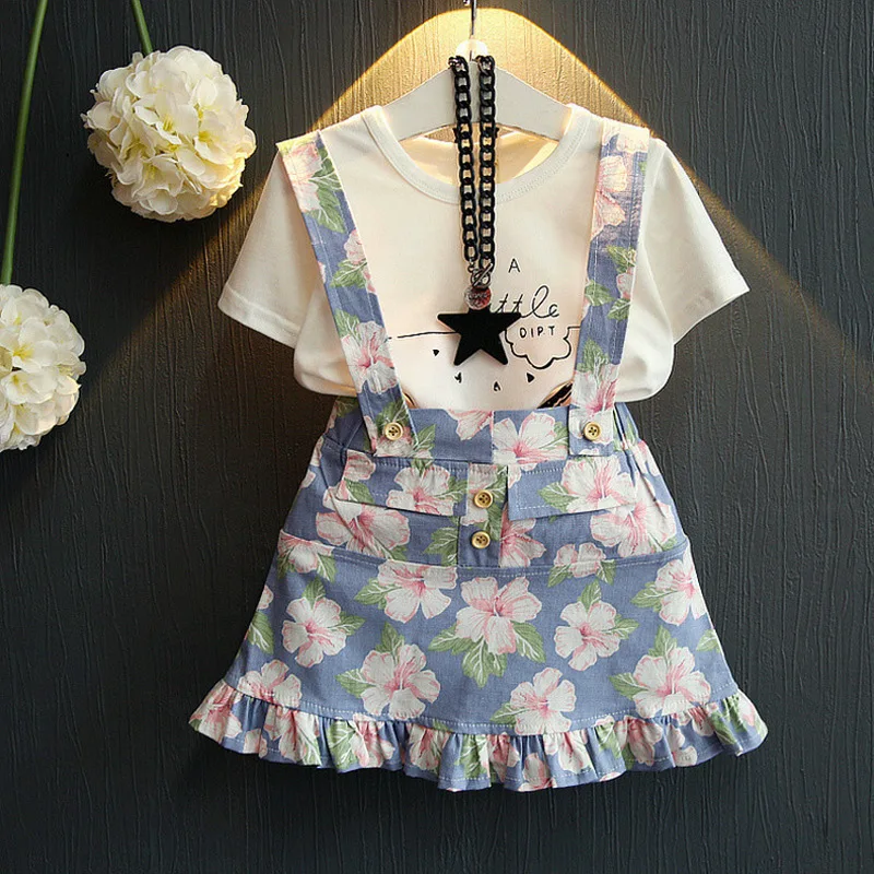 

2 3 4 5 6 7 8 Year Girls Clothes 2019 New Summer Casual Kids Suits Cotton T-shirt Flower Strap Dress Children Clothing Set