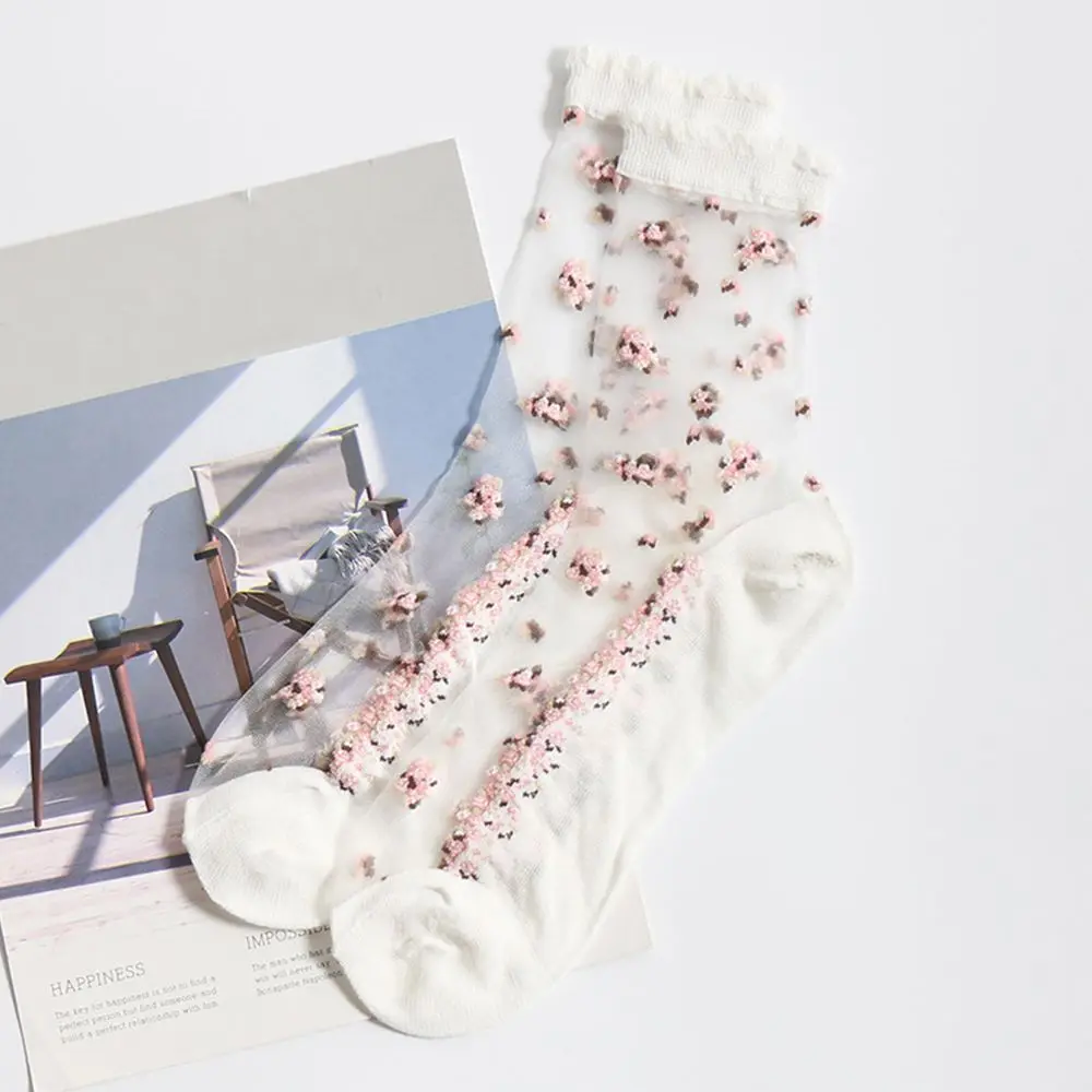 Новинка, Харадзюку, весенне-летние женские носки, крутые шелковые носки с кристаллами, Короткие романтические жаккардовые носки с цветами - Цвет: white