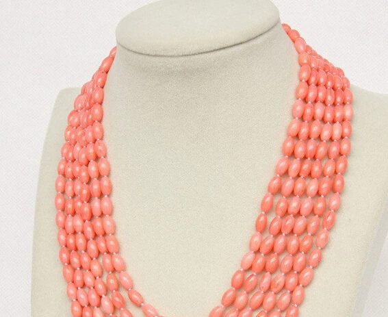 

ddh002455 6rows 5X8mm rice shape pink CORAL necklace