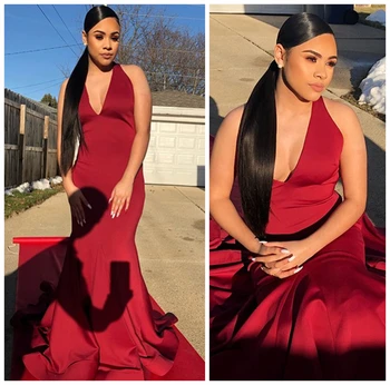 

Sexy Halter V-Neck Backless Long Prom Dresses Simple Burgundy Ruffles Mermaid Formal Party Evening Gowns Vestidos De Gala