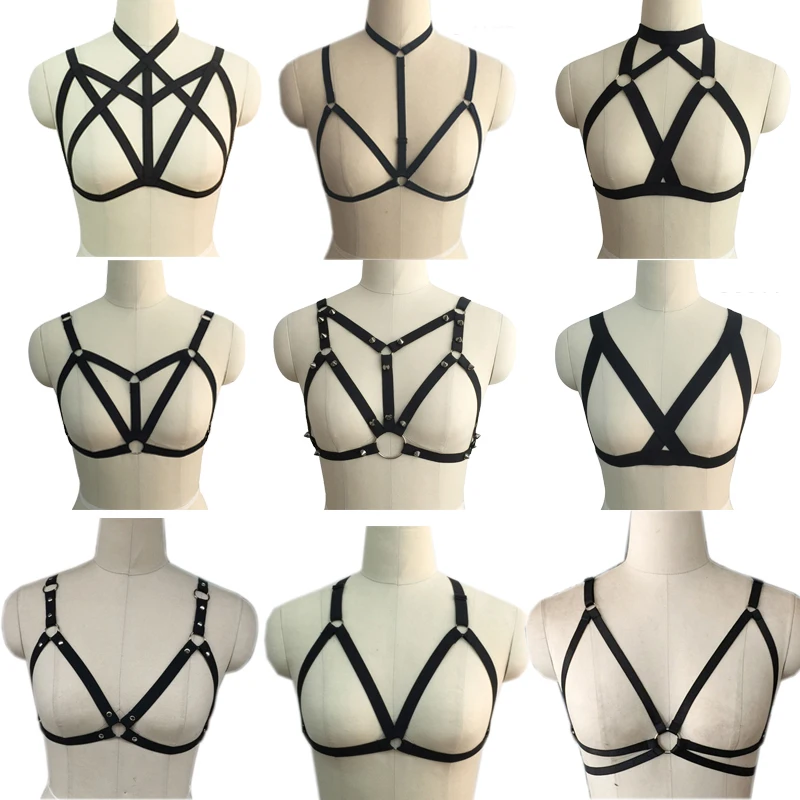 

Promotion Sexy Black Open Chest Polyester Cage Bra Women Body Harness Crop Top Bondage Lingerie 9 Designs O0033