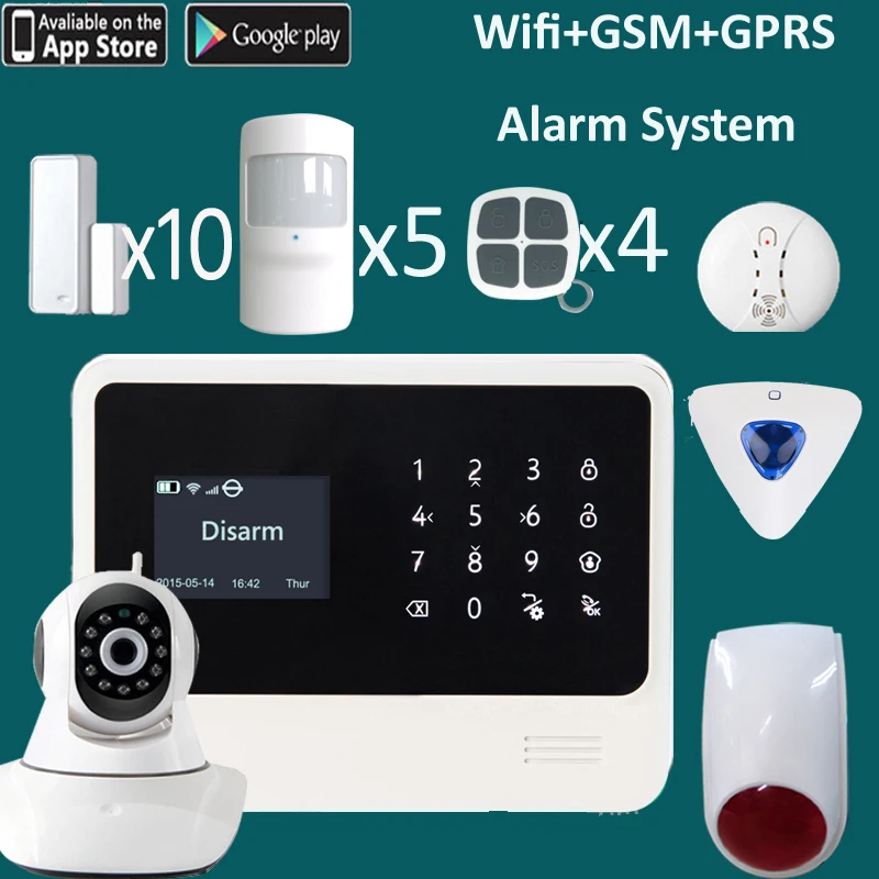

Newest wifi IP camera intruder alarm set with smoke fire detector&flash alarm siren G90B PLUS