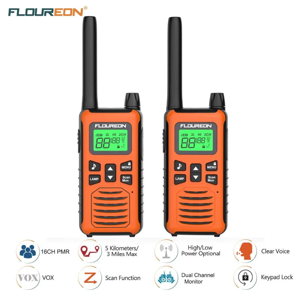 FLOUREON 16 каналов Twins Walkie Talkies PMR 446MHZ двухстороннее радио до 5000 метров/3 1 миль диапазон