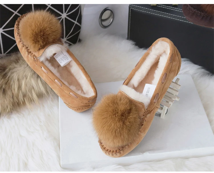 Autumn Winter Suede Shoes Women Flats Genuine Leather Flat Shoes Natural Wool Sheep Fur Natural Ball Fox Fur Women Shoe