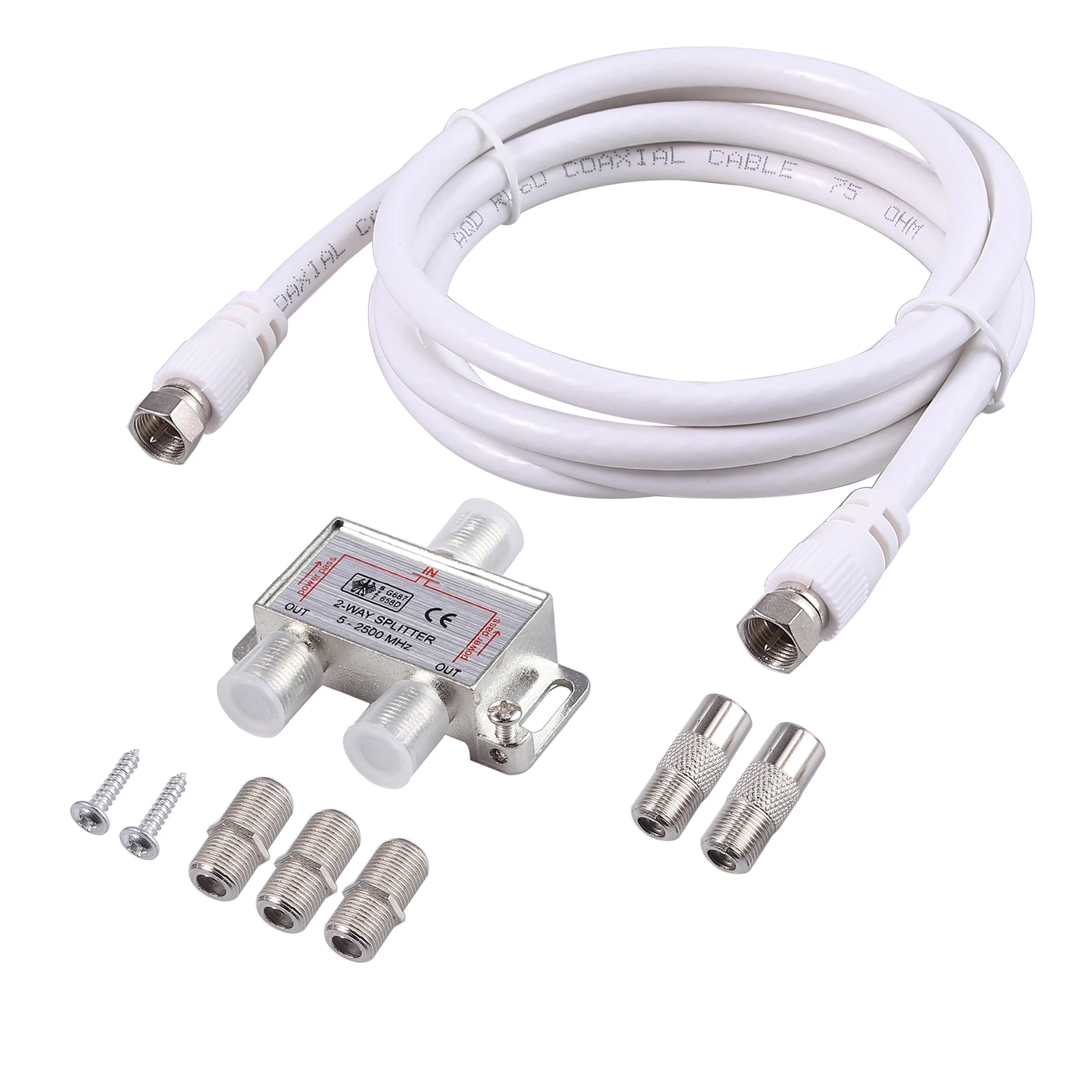 Neoteck 2 Way TV / CATV Broadband Splitter 2500MHz Coax Cable Splitter Bi-Directional With F to Coax Adaptor F- F Inline Joiner