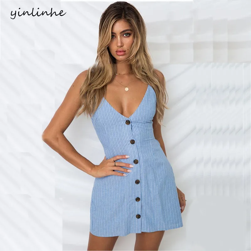

yinlinhe Striped V Neck Backless lace up Sexy beach Dress Women Button Strap Sleeveless Summer Dress Mini Elegant vestido 148