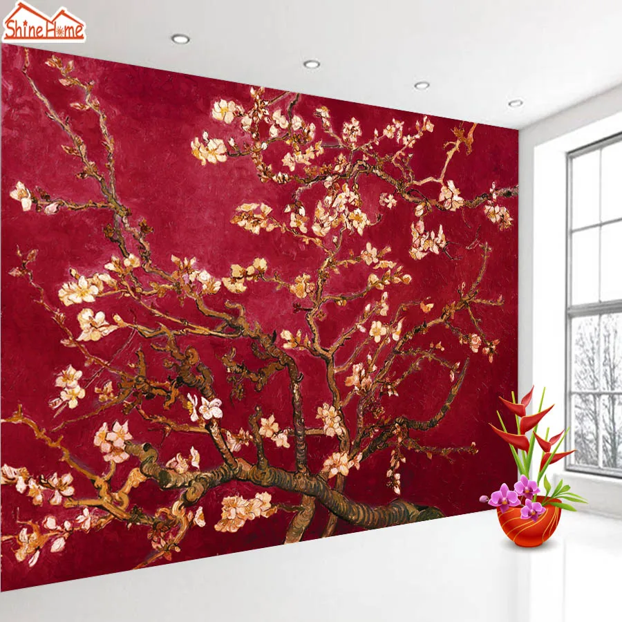 ShineHome-темно-красный Ван Гог миндаль Цветущая настенная бумага в рулонах для 3d стен настенная бумага s для 3 d гостиной настенная бумага фрески - Цвет: Red Design