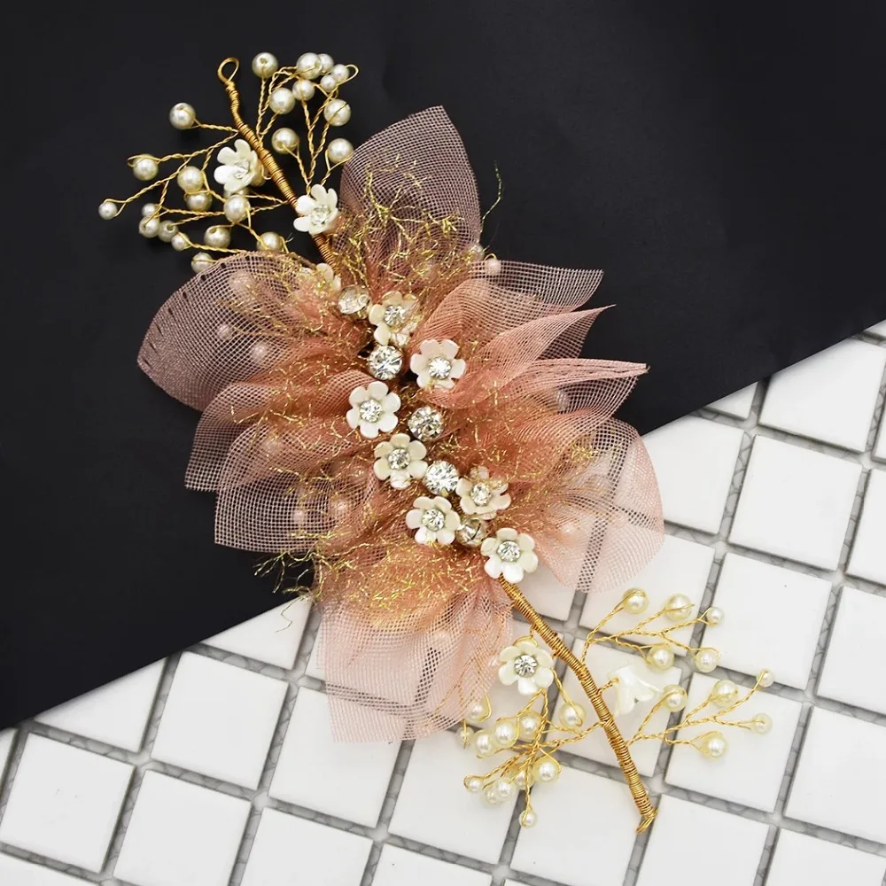 Свадебные украшения для волос, заколка для волос, корейский Шелковый розовый цветок с жемчугом и кристаллами, головной убор, головной убор, цепочка для волос, аксессуары для волос, ювелирные изделия