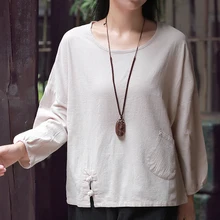 Johnature, женские винтажные футболки, осень, новые, хлопковые, льняные, одноцветные, свободные, мягкие, удобные, с круглым вырезом, на пуговицах, с карманами, Короткие футболки