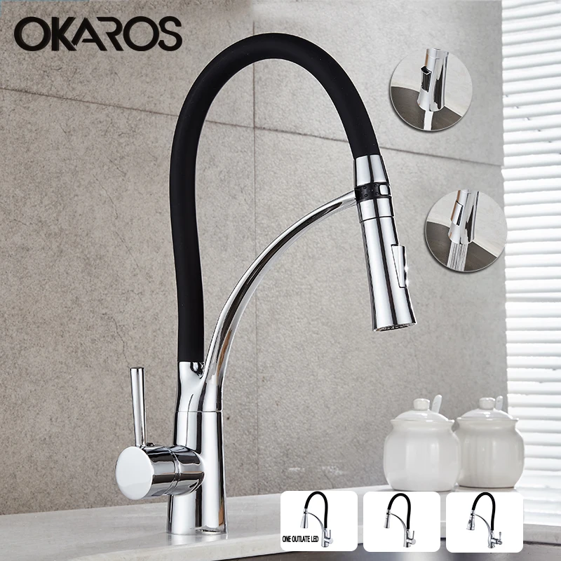  OKAROS Pull Out Kitchen Faucet Black Chrome Finish Dual Sprayer Nozzle Cold Hot Water Mixer Bathroo - 32746420933