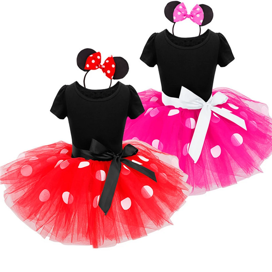

Toddler Dresses For Girls Kids White Dot Print Red Dress Summer Cute Casual Headband Rose Red Tutu Minnie Cosplay Frock Pink