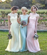 2016 Long Turquoise Lace Bridesmaid Dresses With Short Sleeve A Line Chiffon vestido de festa Wedding Party Dress Prom Gowns