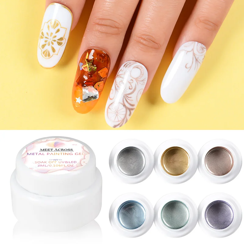 

MEET ACROSS 6pcs/set Metal Painting Gel Nail Gel 3ml Glitter Stamping Spider UV Gel Lacquer Soak Off Nail Art Color Polish