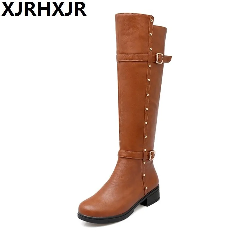 

XJRHXJR Autumn Warm Shoes Thigh High Women's Winter Boots Pu Leather Med Heels Knee High Boots Women Plus Size Shoes Woman 34-43
