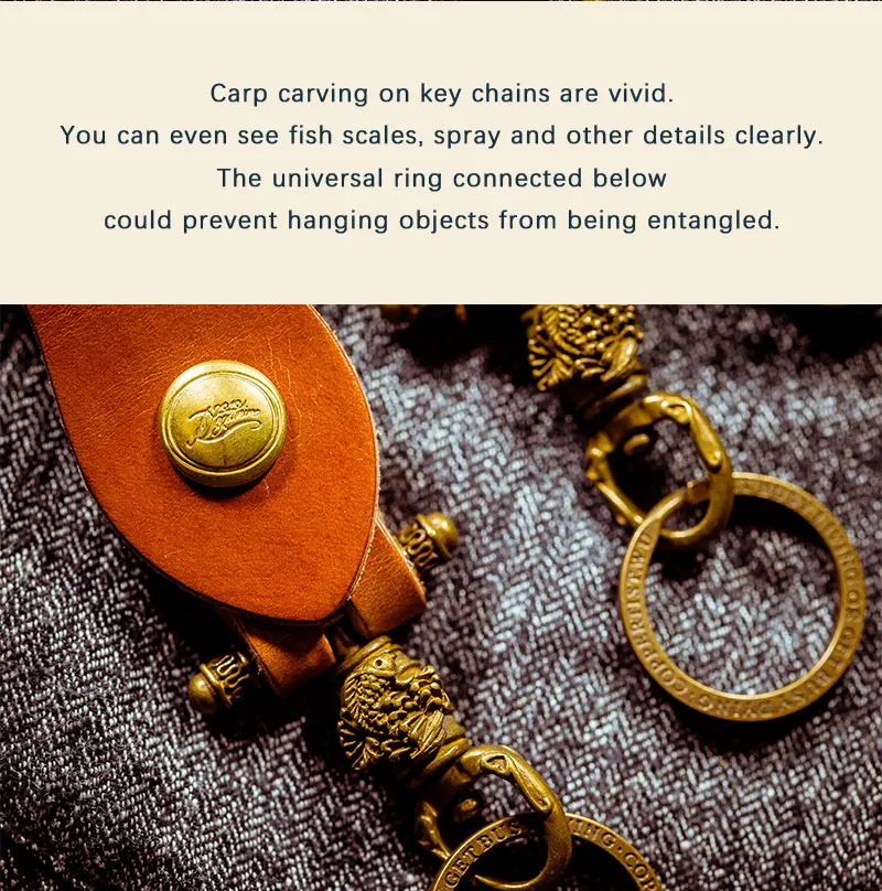 Coppertist. wu благоприятный Карп кожаный брелок латунный брелок для ключей ручной работы Золотое модное кольцо для ключей с сумочкой кулон ручной работы
