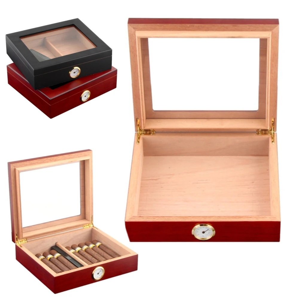 

Red/Black Cigars Humidor Storage Box Desktop GlassTop Humidifier with Hygrometer