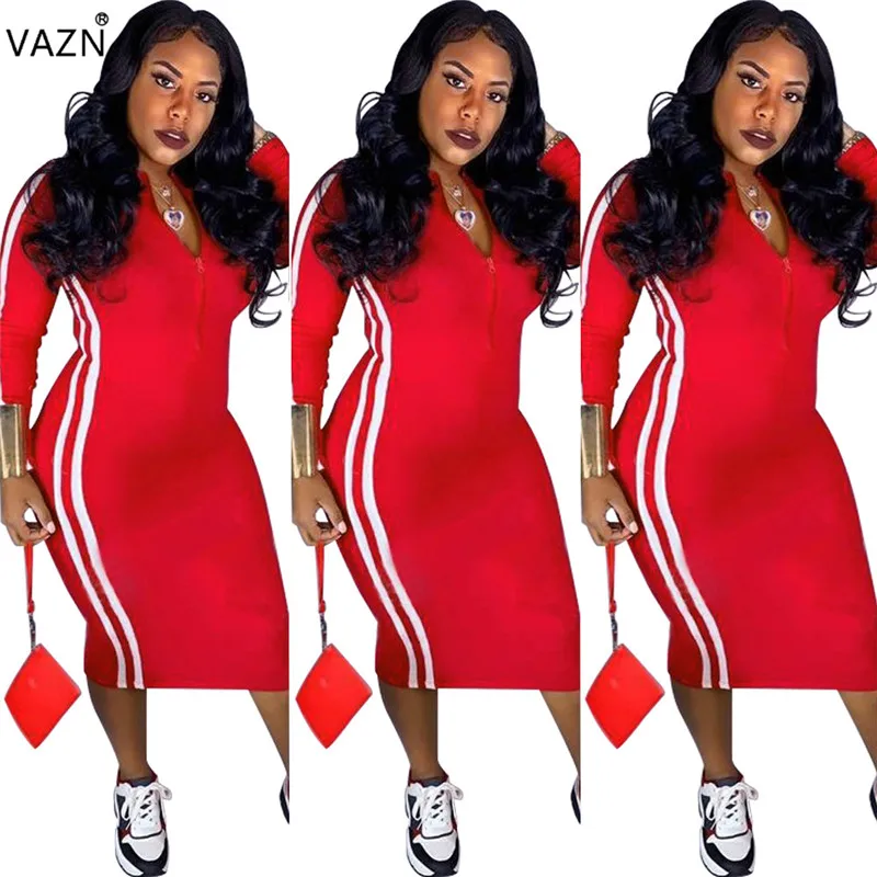 VAZN, весна, модное женское повседневное одноцветное обтягивающее короткое платье, женское платье с v-образным вырезом и длинным рукавом, 3 цвета, Открытое платье WNY8704 - Цвет: Красный