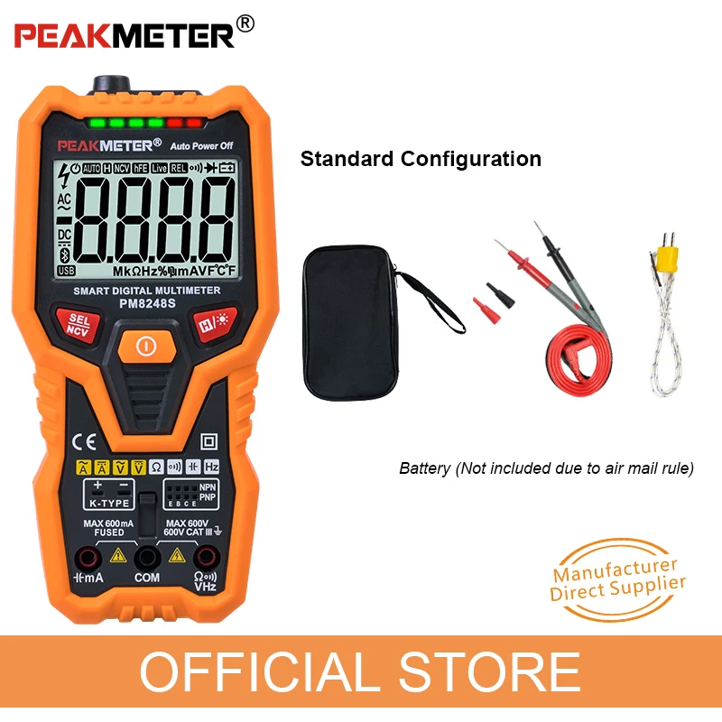PM8248S Smart AutoRange Professional Digital Multimeter Voltmeter with NCV Frequency Backlight Temperature Transistor test
