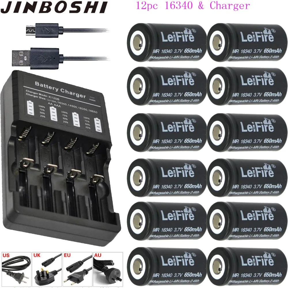 

12pcs 3.7v 650mAh CR123A rechargeable lithium 16340 battery+1pcs Multi- four 18650 14500 AAA Charger 16340 for flashlight