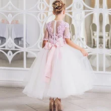 Белое платье с цветочным узором для девочек с розовой аппликацией; нарядные платья с короткими рукавами для девочек; красивые вечерние платья для причастия