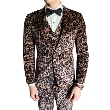 

Men's Velvet Leopard Slim Suit Set Three-piece (Jacket + Vest + Pants) High Quality Banquet Fashion Bar Luxury Suit 3 Piece Set