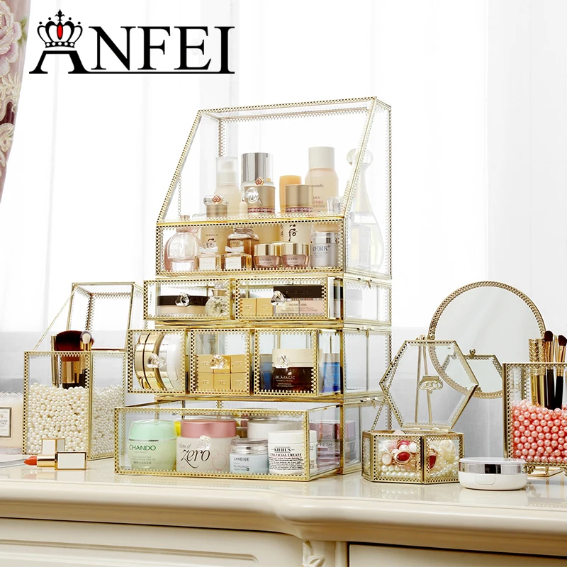 

ANFEI Drawers Big Clear Lipstick Storage Box Acrilic Transparent Glass And Golden border Make Up Cosmetic Makeup Organizer C218