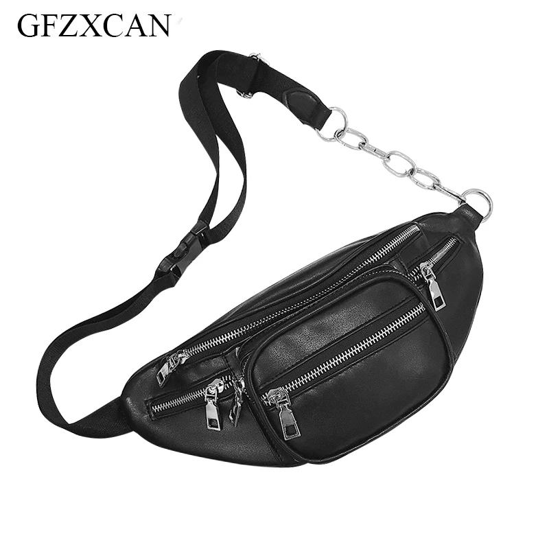 

New fashion ladies pu leather waist bag chain shoulder bag multi-function black chest bag college style