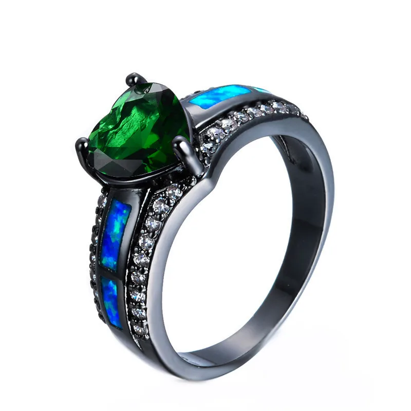 green blue Женское и мужское кольцо с голубым огненным опалом, покрытое черным золотом, обручальные кольца AAA с цирконием для женщин и мужчин, размер 5-11 - Цвет основного камня: green blue