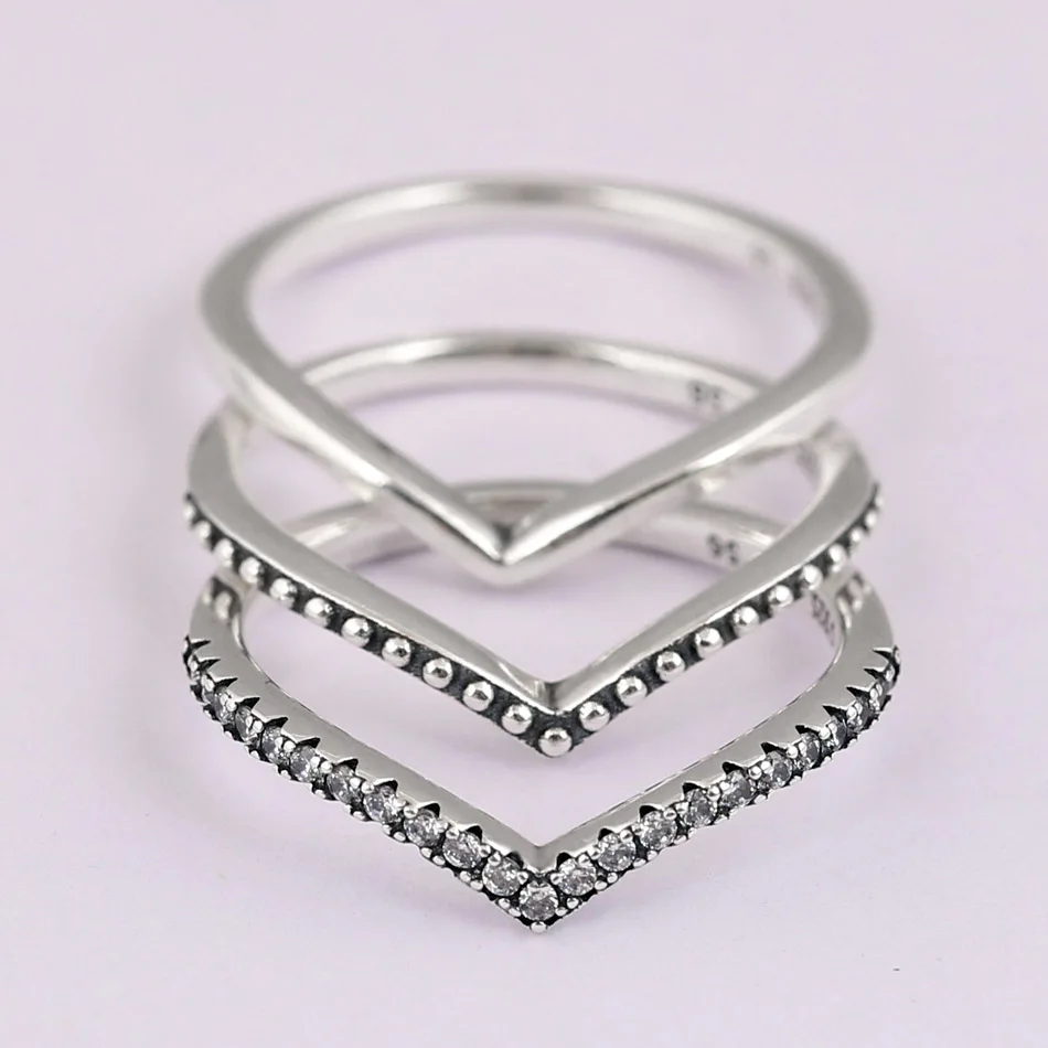 Authentic 925 Sterling Silver Ring Wish Bone Ring Set With Crystal Stack Rings For Women Wedding Party Gift Fine Europe Jewelry